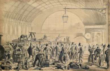 Nochebuena en la estación de Kings Cross, c.1870-90 (pluma y aguada sobre papel)