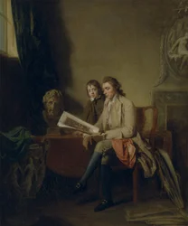 Retrato de un hombre y un niño mirando grabados