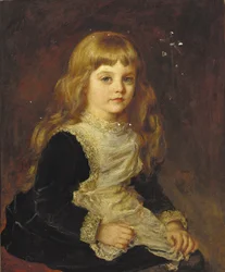 Retrato de Sophie Beatrix Mary Cadogan, sentada de tres cuartos, con vestido negro y delantal ribeteado de encaje