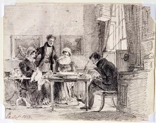 Grupo familiar cosiendo y leyendo, 10 de octubre de 1823