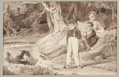 Cuatro figuras entre los árboles en un día caluroso, 1807