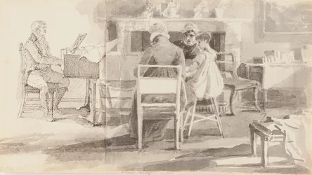 Hombre al piano con tres personas sentadas