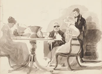 Hombre de pie en una mesa con tres mujeres sentadas