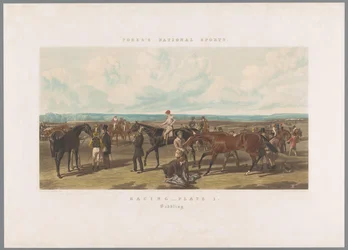 Caballos ensillados para la carrera, Carreras - Lámina 1. Ensillado (título en el objeto), Deportes nacionales de Fore (título de la serie)