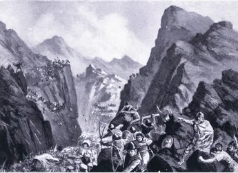 Aniquilación del ejército griego, ilustración de Historia de las Naciones de Hutchinson VOL 4 c.1920s