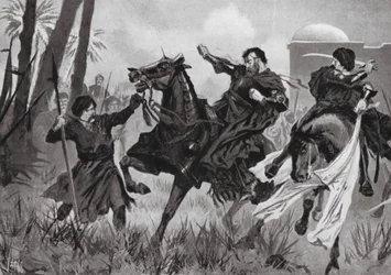 Derrota y muerte de Sebastián I en la batalla de Alcázar (litografía)