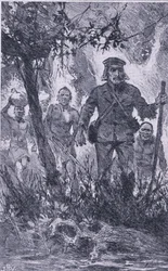 Livingstone disparó al león, pero el león lo atacó, mordiendo su hombro y rompiendo su brazo izquierdo, Conocimiento Pictórico de Newnes publicado por Newnes, c.1950