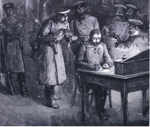 El príncipe Alejandro firma su abdicación en 1886, ilustración de la Historia de las naciones de Hutchinson, vol. 4, hacia la década de 1920