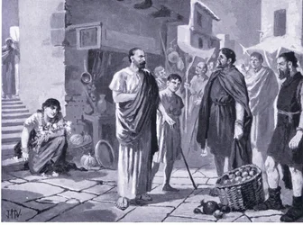 Colonizadores romanos comerciando con dacios nativos, ilustración de la Historia de las naciones de Hutchinson, vol. 4, hacia la década de 1920