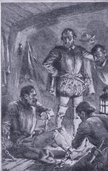 Santiago enviado por delante para explorar, encalló y naufragó, Conocimiento Pictórico de Newnes publicado por Newnes, c.1950