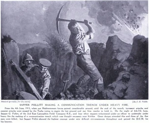 El zapador Pollitt haciendo una trinchera de comunicación bajo fuego intenso en la península de Gallipoli, junio de 1915