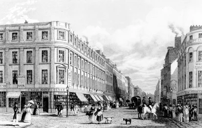 Calle del Mercado desde la Plaza del Mercado, Manchester, grabado por Frederick James Havell, 1829