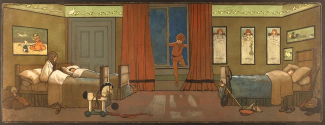El cuarto de los niños de la familia Darling: Peter entra en busca de su sombra y Wendy despierta, ilustración de Peter Pan, hacia 1906
