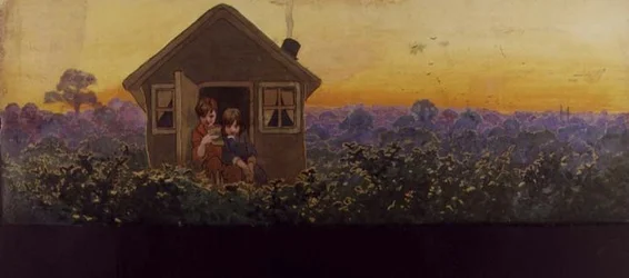Las copas de los árboles al atardecer un año después: Peter en la casita con Wendy en su visita anual de limpieza de primavera, ilustración de "Peter Pan", c.1906