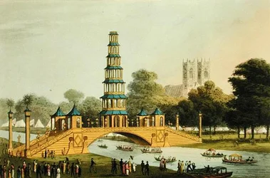 El Puente Chino y la Pagoda, erigidos en el parque en conmemoración de la Gloriosa Paz de 1814, grabado por Matthew Dubourg (fl.1785-20)