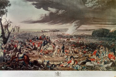 El campo de Waterloo tal como apareció la mañana siguiente a la memorable batalla del 18 de junio de 1815, aguatinta de M. Dubourg.