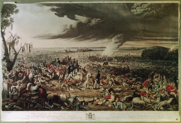 El campo de Waterloo tal como apareció la mañana siguiente a la memorable batalla del 18 de junio de 1815, grabado por M. Dubourg.