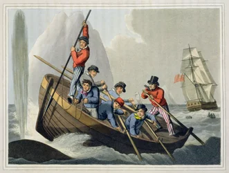 Bote de un barco atacando a una ballena, grabado por Matthew Dubourg, publicado por Edward Orme, 1813