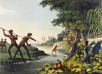 Cazando el canguro, aborígenes en Nueva Gales del Sur grabado por Matthew Dubourg (fl.1813-1820) 1813