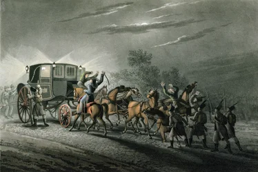 La captura del carruaje, papeles y tesoro de Bonaparte por el Mayor von Keller, Waterloo, 18 de junio de 1815, grabado por Matthew Dubourg