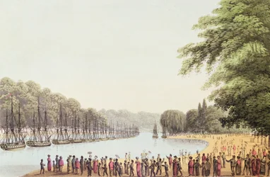 La flota en el río Serpentine, grabado por Matthew Dubourg (fl.1813-20) 1814