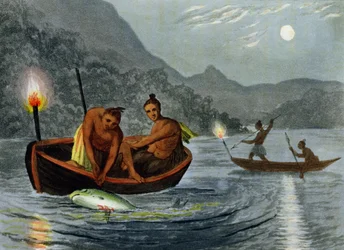 Pesca con antorcha en América del Norte, grabado por H. Merke, publicado por Edward Orme, 1813