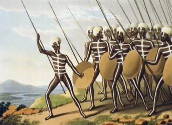 Guerreros de Nueva Gales del Sur, grabado por Matthew Dubourg, publicado por Edward Orme, 1813
