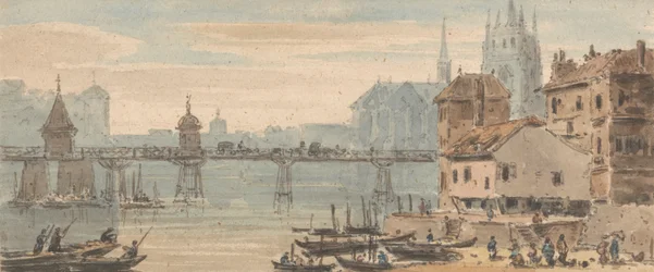 Basilea, centro del puente, muelle, con figuras y barcos a la derecha, con la catedral detrás de los edificios