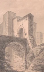 Puerta de un castillo: acceso por un puente