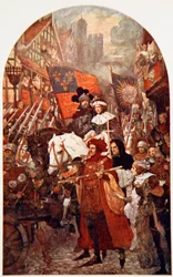 Banda marchando en apoyo de Eduardo IV en la Batalla de Barnet