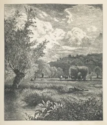 Lámina 10. Un pajar sobre un carro.  Imágenes de la naturaleza. Una serie de treinta ilustraciones originales dibujadas en madera por J. H. Dell y grabadas por R. Paterson.  Juan Enrique Dell