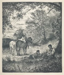 Lámina 11. Hombre, niño y caballos de condado.  Imágenes de la naturaleza. Una serie de treinta ilustraciones originales dibujadas en madera por J. H. Dell y grabadas por R. Paterson.  Juan Enrique Dell