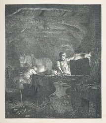 Lámina 13. Un herrero.  Imágenes de la naturaleza. Una serie de treinta ilustraciones originales dibujadas en madera por J. H. Dell y grabadas por R. Paterson.  Juan Enrique Dell