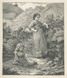 Lámina 16. Dos niñas.  Imágenes de la naturaleza. Una serie de treinta ilustraciones originales dibujadas en madera por J. H. Dell y grabadas por R. Paterson.  Juan Enrique Dell