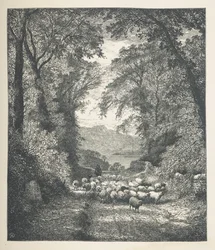 Lámina 4. Ovejas conducidas por un pastor, por un camino.  Imágenes de la naturaleza. Una serie de treinta ilustraciones originales dibujadas en madera por J. H. Dell y grabadas por R. Paterson.  Juan Enrique Dell