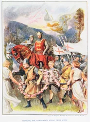 El traslado de la Piedra de la Coronación desde Scone, ilustración de «Stories of Royal Children from English Stories», de Doris Ashley, publicado por Raphael Tuck, 1920