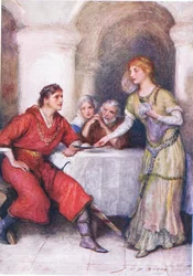Enid espera a Geraint, ilustración para Historias infantiles de Tennyson por Nora Chesson