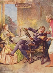 Katharina y Petruchio en La fierecilla domada de Historias infantiles de Shakespeare por Edith Nesbit (1858-1924) pub. por Raphael Tuck & Sons Ltd., Londres