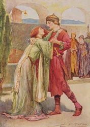 Posthumus e Imogen en Cimbelino de Historias infantiles de Shakespeare por Edith Nesbit (1858-1924) pub. por Raphael Tuck & Sons Ltd., Londres