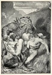 El demonio del mal, con su feroz voracidad, los agarró ávidamente, de 