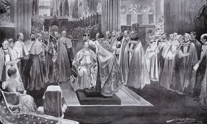 La coronación del rey Eduardo VII por el arzobispo de Canterbury, Abadía de Westminster, Londres, 1902