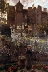 Castillo de Kellie, Fife, Escocia. Castillo escocés con escultura de naturaleza muerta y cesta de fruta en primer plano. Pintura de John Henry Lorimer (1856-1936 británico) Colección particular
