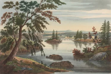 Vista cerca de Fort Miller No. 10 luego cambiado a No. 9 del Portafolio del Río Hudson, 1822