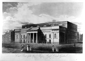 Fachada Este del Nuevo Teatro Real, Covent Garden, grabado por Richard Reeve, 1809