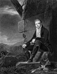 Walter Scott, poeta y novelista escocés, sentado en una piedra, acompañado de un perro, 1808