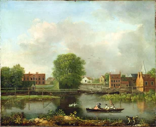 Un paisaje fluvial, posiblemente una vista desde el extremo oeste del puente de Rochester, 1800-10