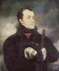 Retrato del Capitán Lyon, medio cuerpo, con un abrigo con ribete de piel, sosteniendo un arma