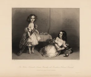 Henrietta Louisa Priscilla y Geraldine Harriet Somerset, hijas de Henry Somerset, 7º Duque de Beaufort. Dos niñas con vestidos de hombros descubiertos con cintas, cabello en rizos, jugando con un juego de té de juguete y una pelota. Grabado en acero por H.