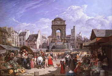 Vista del Mercado y de la Fuente de los Inocentes, París