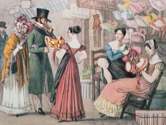 En la sombrerería (La Marchande de Modes), impreso por Charles Joseph Hullmandel, publicado por Rodwell y Martin